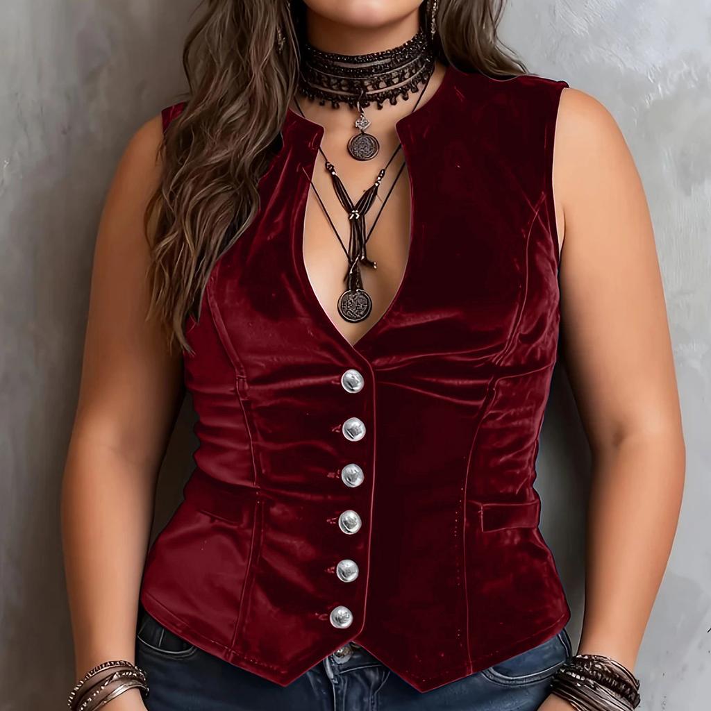 Women's Plus Size Velvet V-Neck Button Sleeveless Blouse