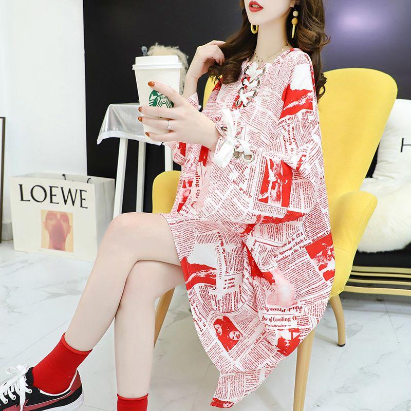 Übergröße Damen Sommer Oversized T-Shirt Langarm Tops Vintage Print Unregelmäßige Kapuzenpullover Freizeitkleidung