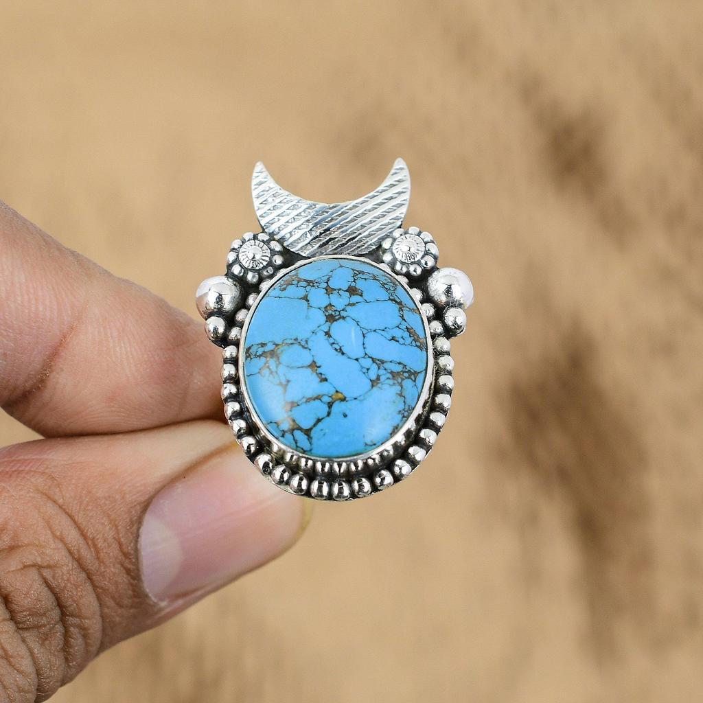 Natural Tibetan Turquoise 925 Silver Cresent Moon Adjustable Ring For Girls