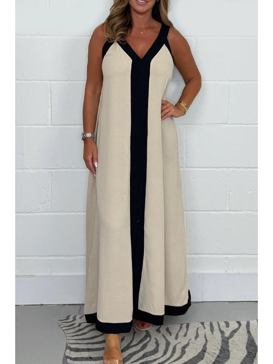 

2024 Модное контрастное цветное V-образное платье без рукавов, длинное, свободное, женское L