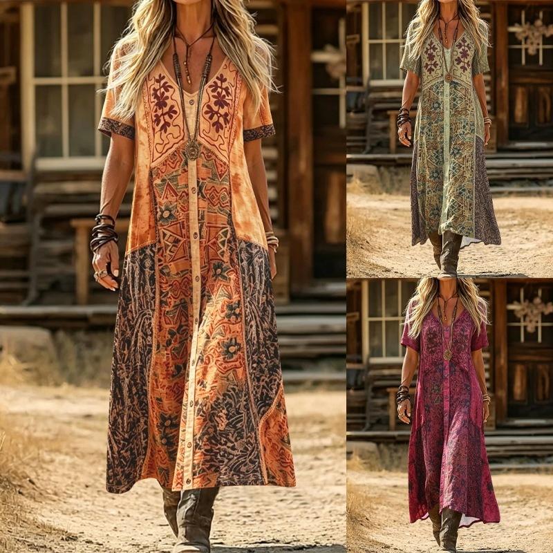 Summer European and American Bohemian print dress V-neck single-breasted loose and thin A-shaped medium and long vacation skirt women's clothing