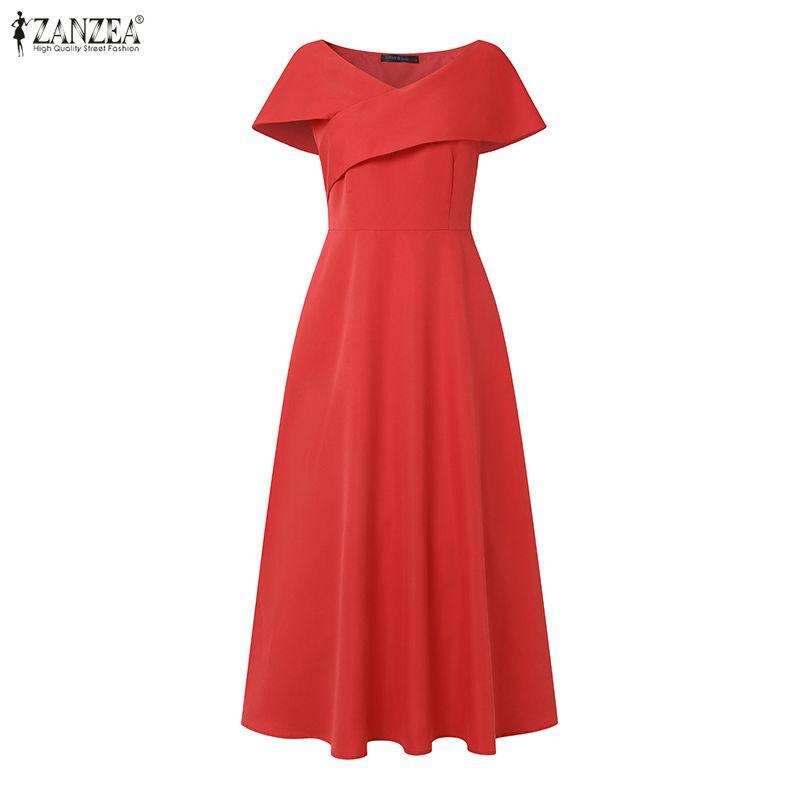ZANZEA Women Elegant Off Shoulder Sleeveless Casual A-line Dress