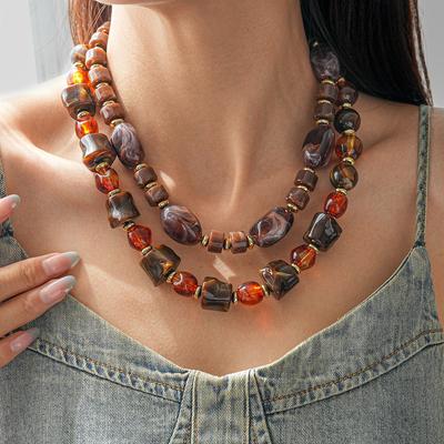 European and American Acrylic Beaded Irregular Geometric Round Sweater Chain Retro Ethnic Style Niche Necklace 