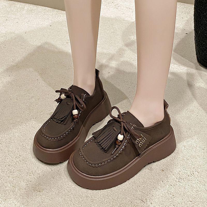 Versatile casual round head lace-up single shoes women's spring and summer new heightened platform muffin fringed Birken women's shoes