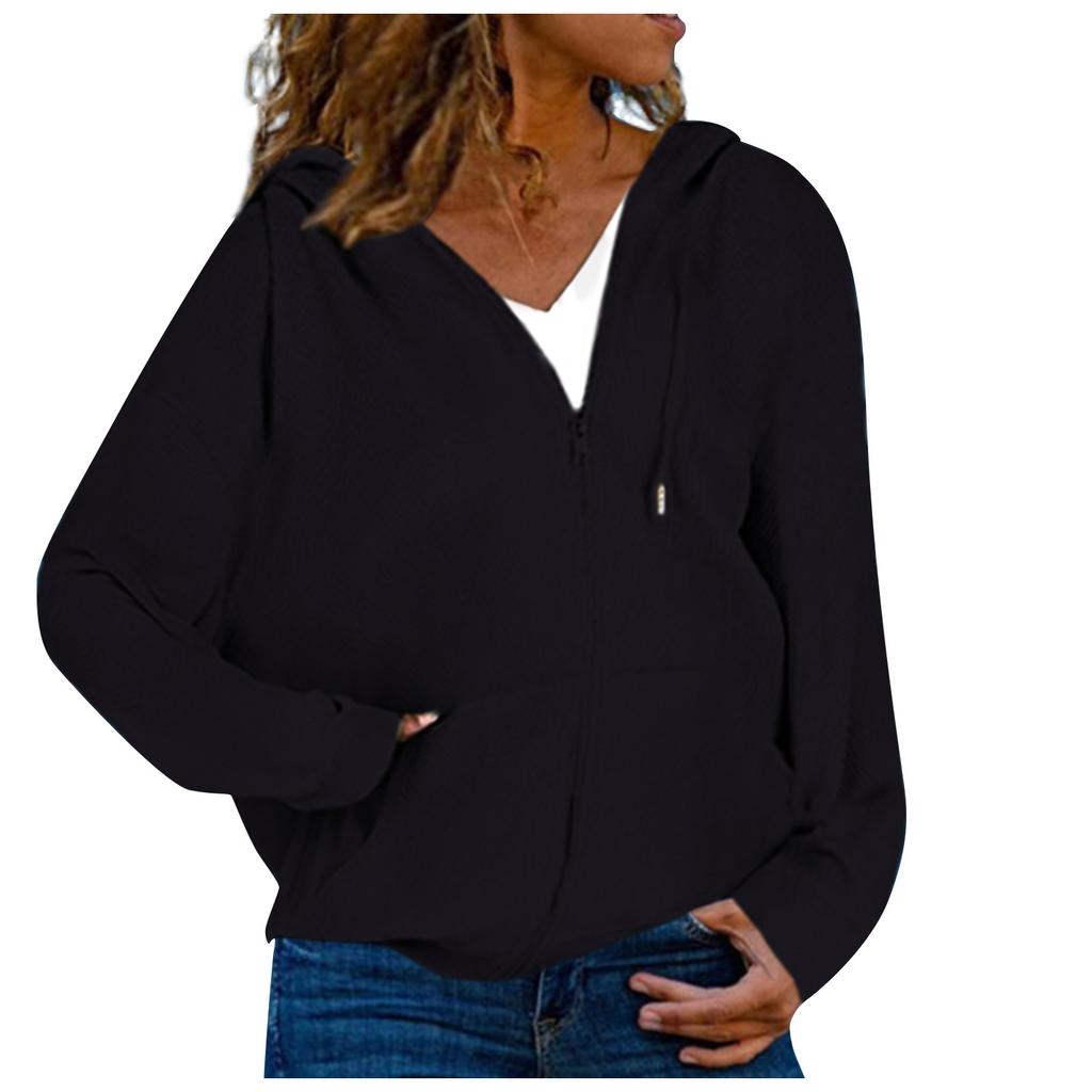 Women's Loose Slit Pocket Zip Solid Long Sleeve Hooded Sweatshirt Cardigan