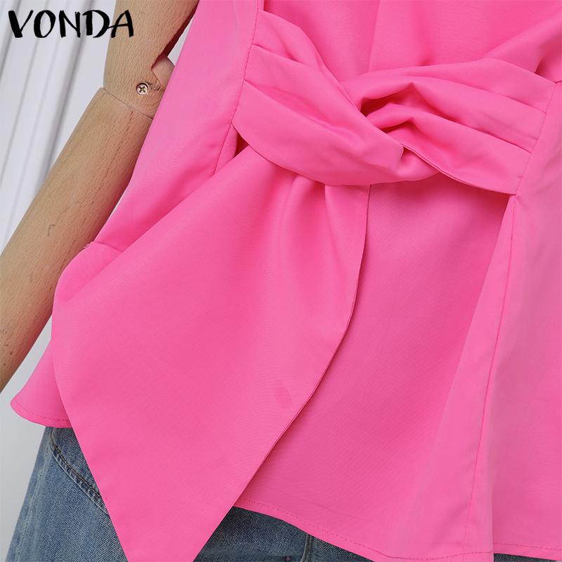 VONDA Women O Neck Sleeveless Front Knot Patchwork Solid Color Tank Tops