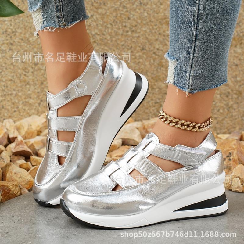 

Полые повседневные сандалии женские для улицы лето новые тонкие на толстой подошве-маффин женская обувь 43 серебряный