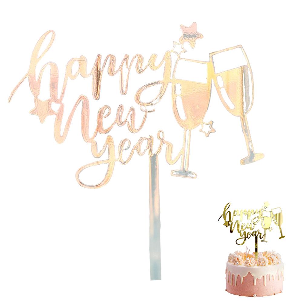 Happy New Year Acrylic Cake Plaque Silver Black Simple Design Acrylic Cake Toppers Baby Shower Dessert Decor Accessories Tools