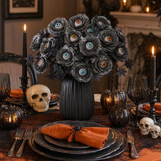 Spooky Branch Decoration Halloween Eyeball Flower Stem, Artificial Rose Floral Pick with Eyeball, Party Decorations Gothic Black Branches for