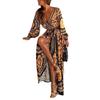 Women's Boho V-neck Vintage Positioning Floral Long-sleeved Dress with Large Swing