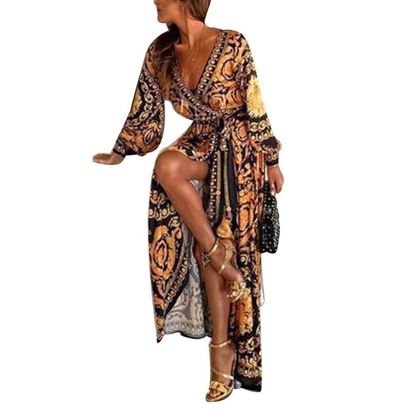 Women's Boho V-neck Vintage Positioning Floral Long-sleeved Dress with Large Swing