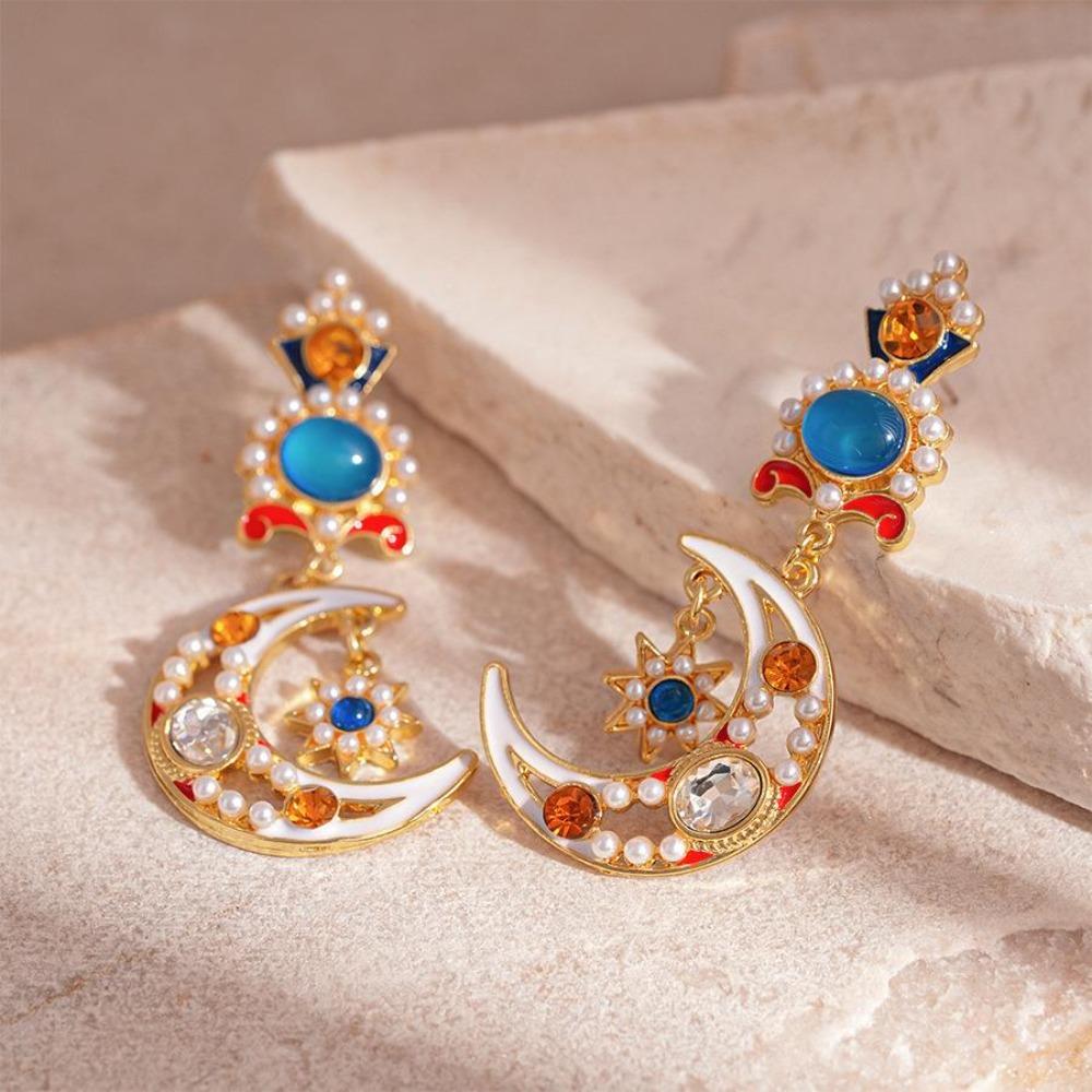 Rhinestone Star Pendant Earrings Light Luxury Moon Stud Earrings Vintage Earrings Women  Gift