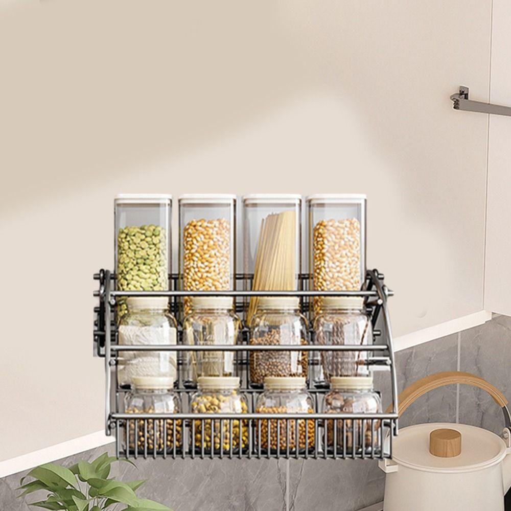Large Capacity Pull Down Cabinet Spice Rack Carbon Steel Seasoning Bottle Pull Basket Kitchen Style A 3349₽