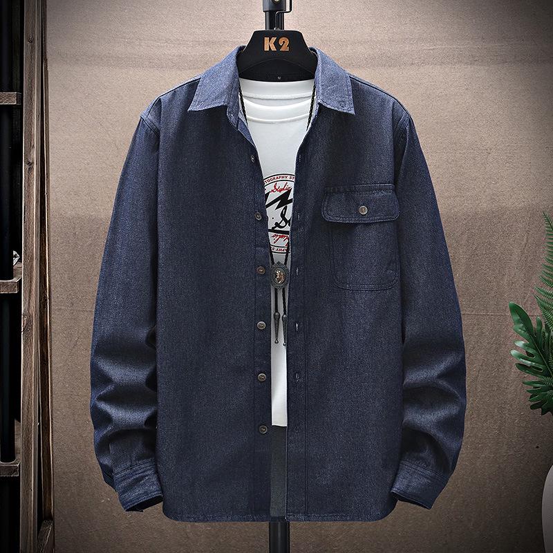 Men's Classic Denim Workwear Shirt - Long-Sleeved, Casual, Versatile, Washed for Spring or Autumn.
