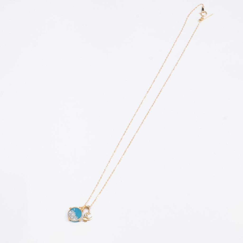 K18 Junko Ishigaki QVC Mille Chante Diamond Turkey Stone Pendant Top & Moon Design Necklace Yellow GoldUsed