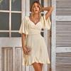 Vestido Mini de Verano Cruzado con Cuello en V Color Sólido Cintura Alta Dobladillo con Volantes Manga Corta Acampanada Elegante Casual Fiesta Cita Uso Diario Vestido de Sol