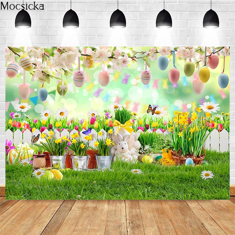 Mocsicka Spring Easter Photography Background Eggs Flowers Bunny Decoration Studio Props Children Portrait Photo Backdrop Banner