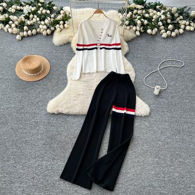 Autumn Winter Women Striped Knitted Sweater Vintage Two Piece Trouser Set V-neck Pullover Tops and Wide Leg Pant Suit
