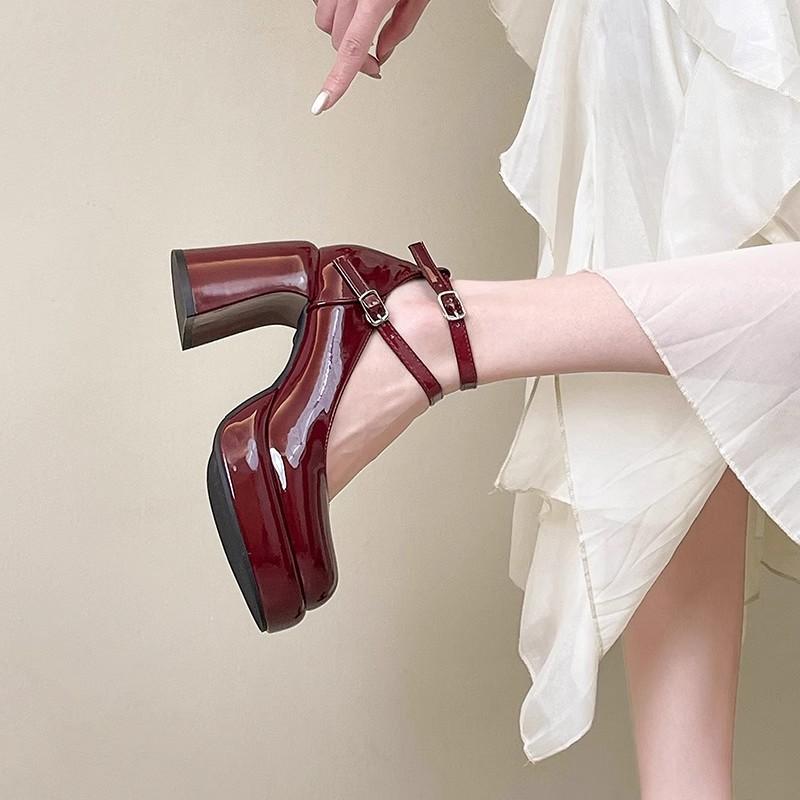 Internet celebrities versatile spring 2025 new thick heel Mary Jane shoes women's burgundy high heels straps single shoes retro