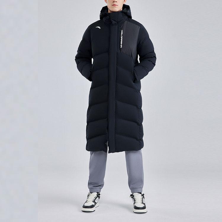 Anta Solid Color Logo Print Zip-Up Hooded Down Jacket Unisex Outerwear Black 952247970-3