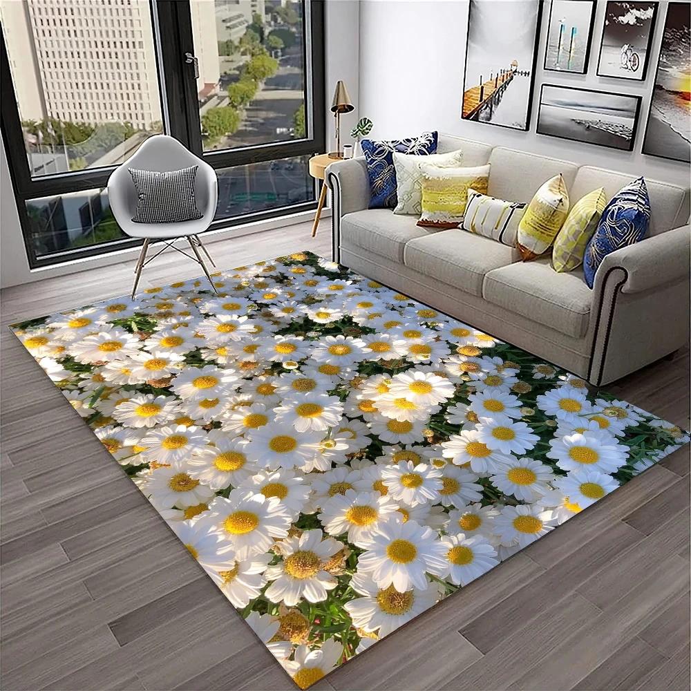 Colourful Daisy Wild Plant 3D Carpet Rug for Home Living Room Bedroom Sofa Doormat Decor,kids Play Area Rug Non-slip Floor Mat
