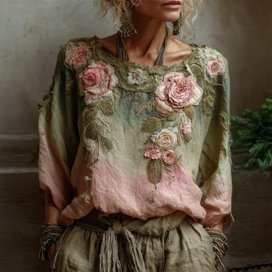 Damen Pullover Rundhals Langarm Lockerer Schnitt Pullover 3D Blumenmuster