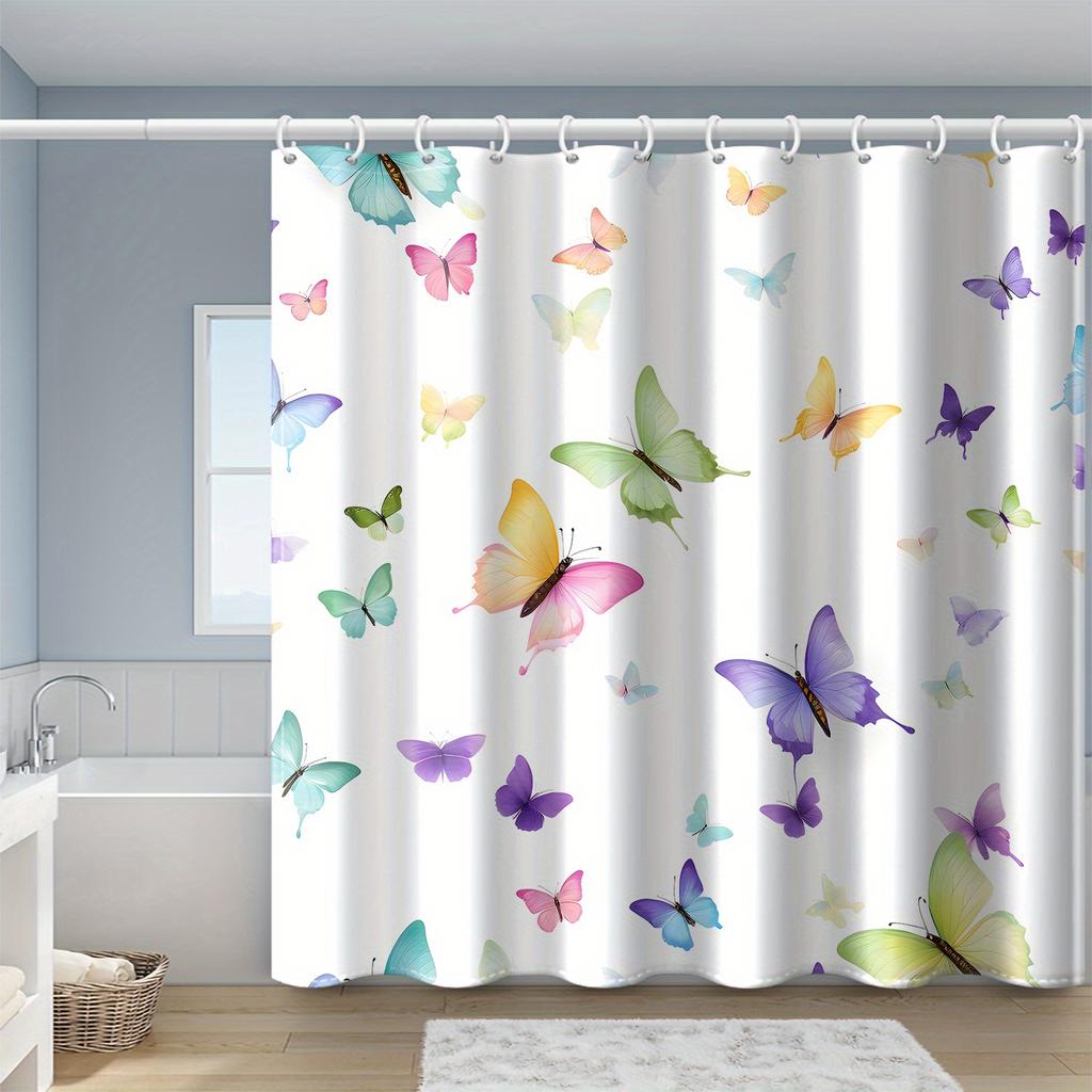 Elegant Simple Black Butterfly White Flower Art Bathroom Shower Curtain Waterproof Bathroom Decorative Shower Curtain