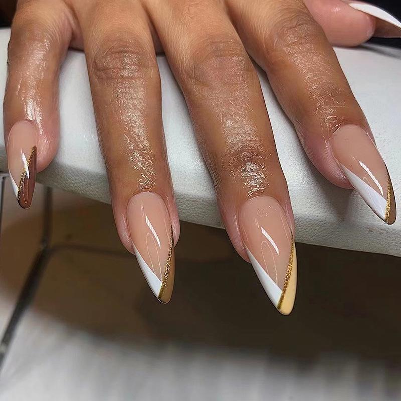 

Wear nail white brown splicing oblique French wear fake nail piece nail piece fake nail press on nails