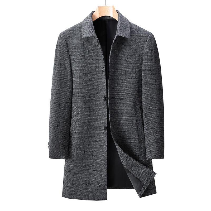 Autumn and winter men's wool windbreaker mid-length business casual lapel coat middle-aged and elderly dad plaid coat