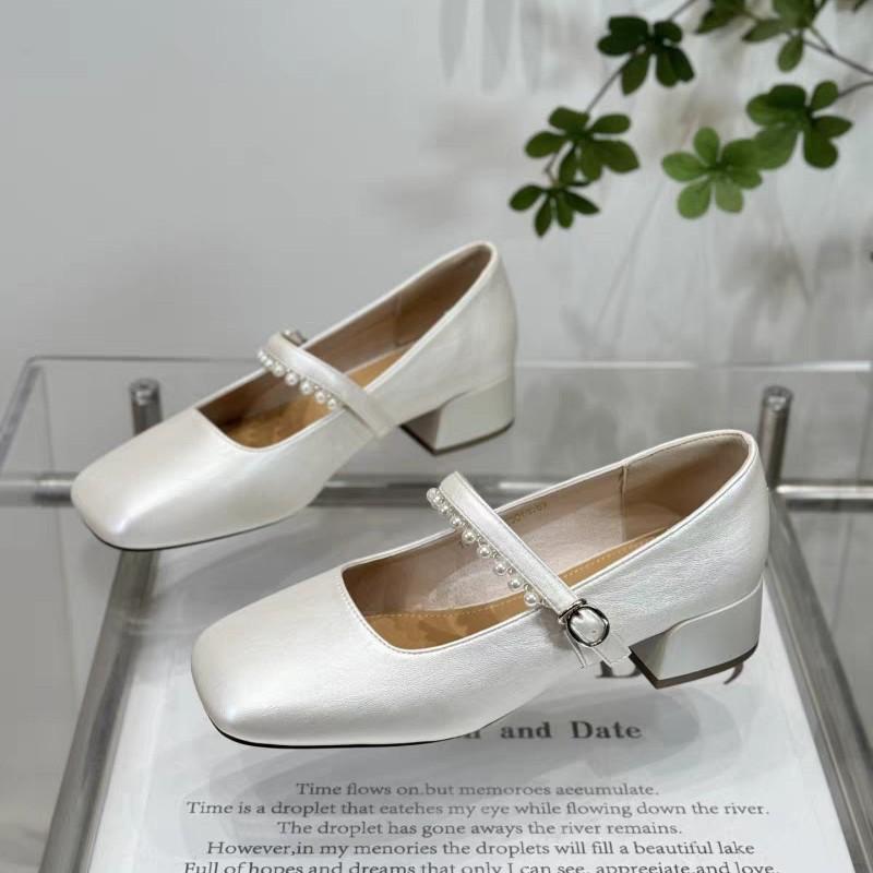 Fashion casual French pearl with flat Mary Jane shoes women's 2025 summer wear versatile thick heel single shoes