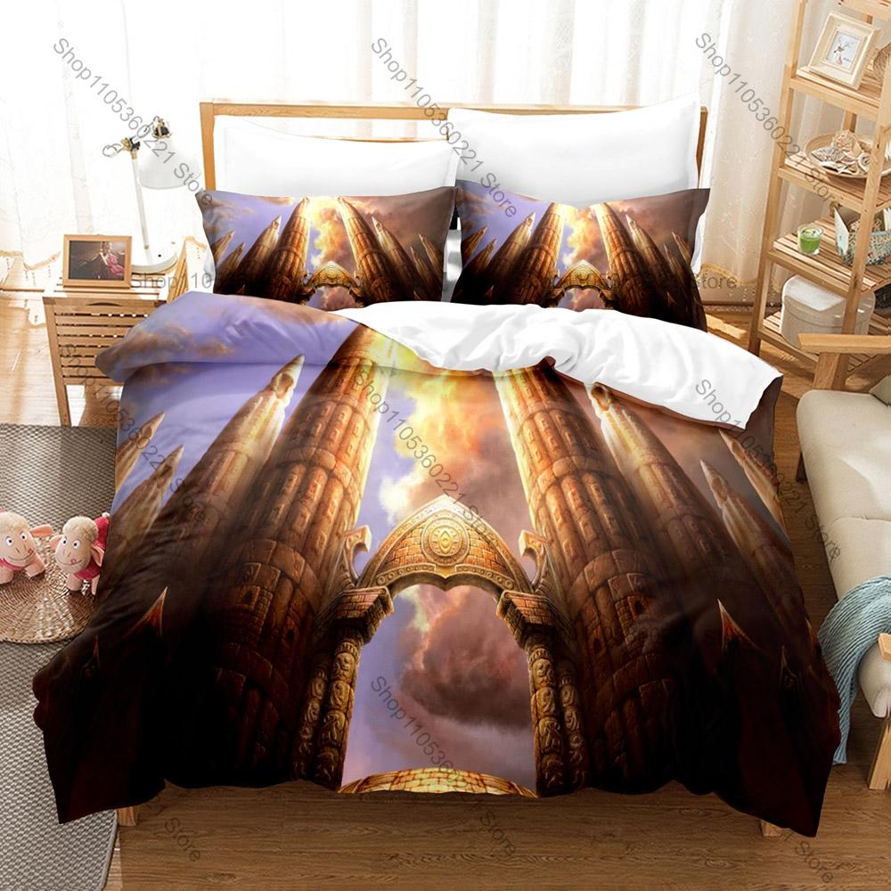 Cool Magic Fantasy Medieval Castle Ancient Tower Building HD Print Bedding Set Duvet Cover + 2 Pillowcases Fantasy Game Room Dec