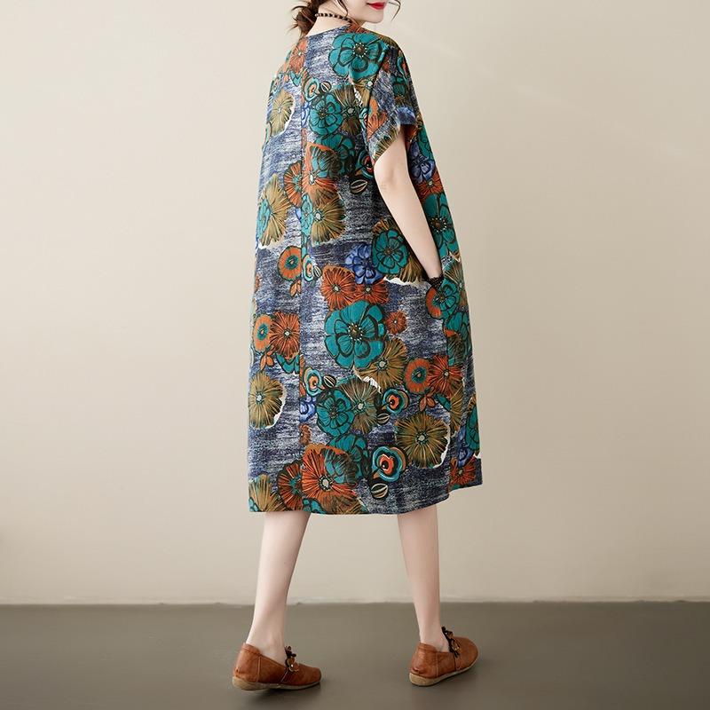 Letní květinový potisk Délka ke kolenům Bavlněné šaty Umění Retro Art Šaty s krátkým rukávem s krátkým rukávem