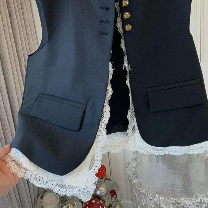 Damen Spitzen Patchwork Weste Koreanische O-Ausschnitt Lässige Ärmellose Jacken 2025 Damen Lockerer Weste Vintage Chic Oberteile Damenbekleidung
