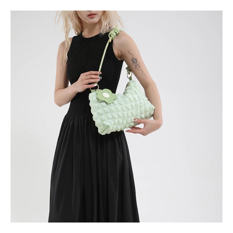 Women's Bubble Texture Round Cylinder Bag, Korean Style Floral Shoulder Handbag, Soft Lunch Tote with Zipper Closure
