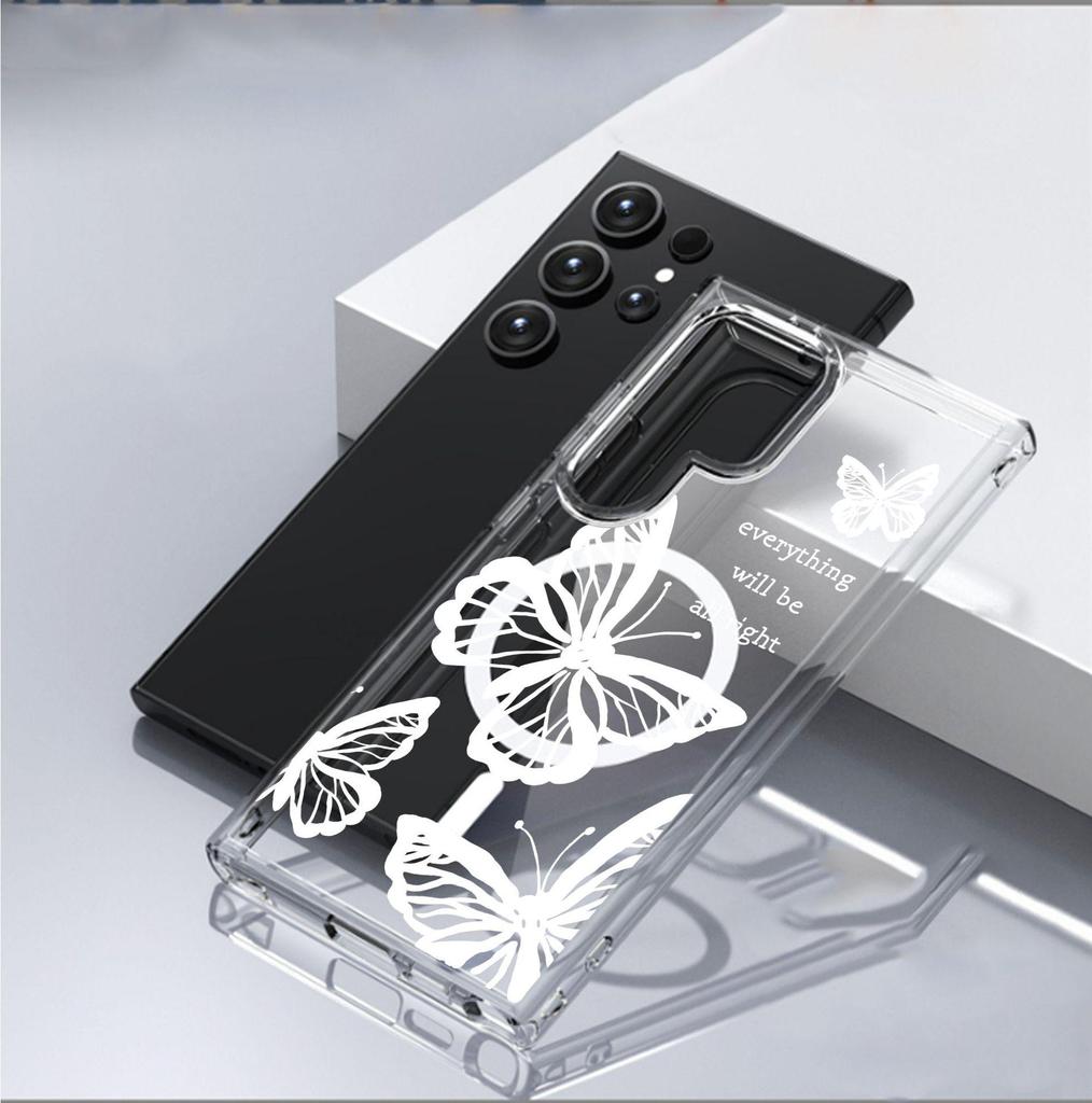 White Butterfly Magnetic Case for iPhone 15/16/17 Pro Max - Transparent Full Coverage Protection