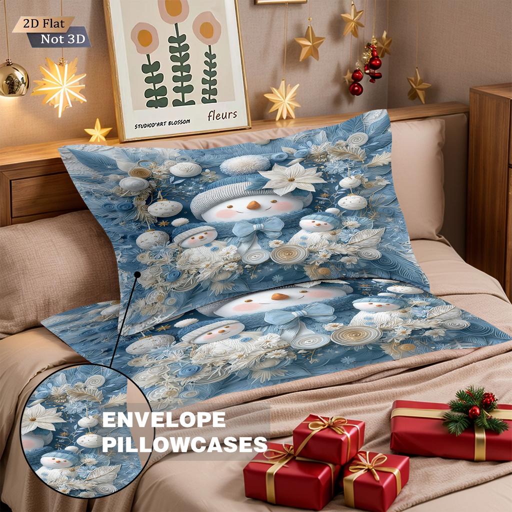 3pcs Blue Merry Christmas Cartoon Snowman Print Coreless Bedding Set Multi Size Bedding Decoration Comfortable Machine Washable