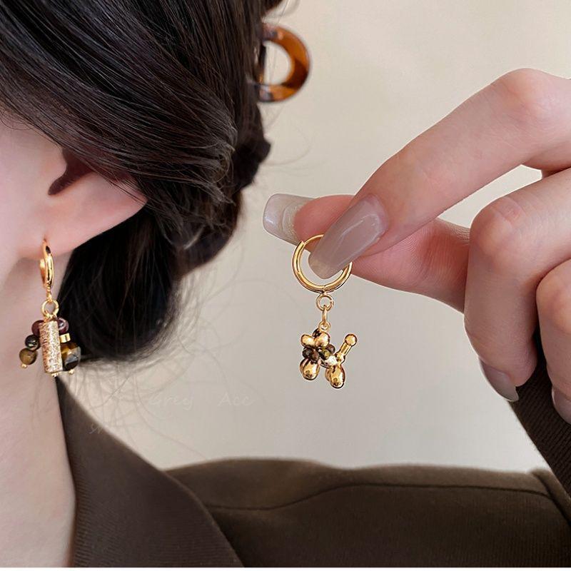 Retro Tigeraugen Luxus Welpen Anhänger Ohrringe - Modischer Maillard Stil für Damen