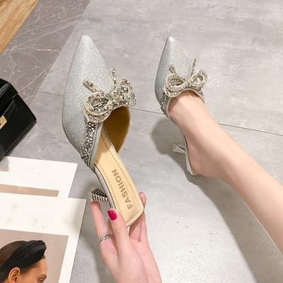 BCEBYL New Pointed Stiletto Heel Bow Rhinestone Decoration Fashion Women's Shoes Shallow Mouth Sexy Elegant High-heeled Slippers