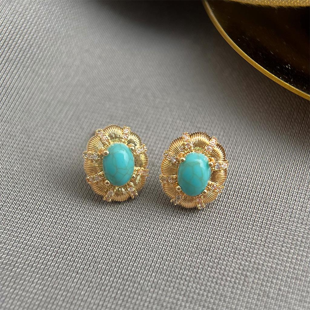 Vintage Turkusowe Cyrkoniowe Owalne Kolczyki Sztyfty - Retro Luksusowa Biżuteria Statement