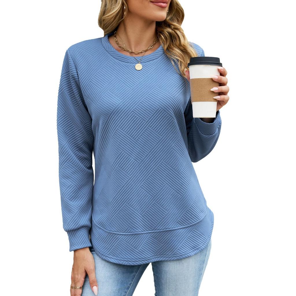 Fall Winter New Women's Solid Color Crew Neck Loose Long Sleeve Plaid Sweatshirt Top for Amazon Cross-border Trade