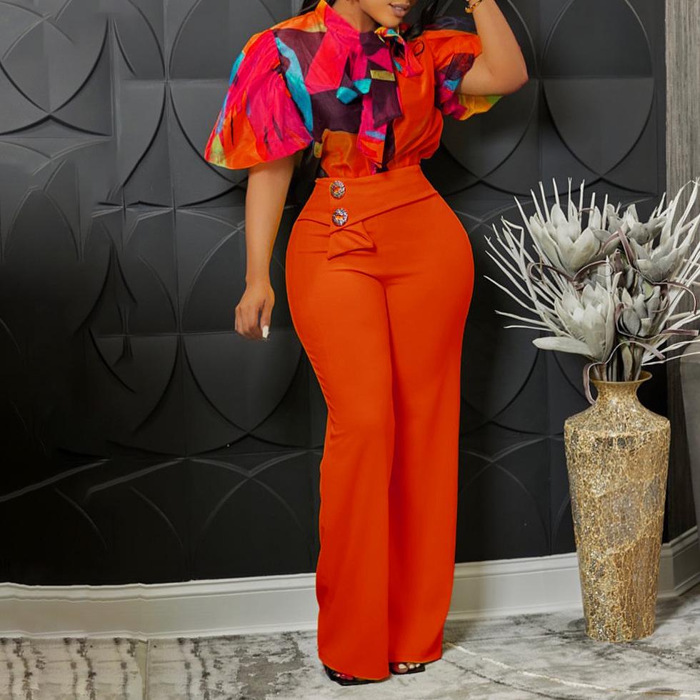 D341 European/American Summer Printed Stand-Up Collar Long Sleeve Shirt & Wide-Leg Pants Two-Piece Fashion Suit