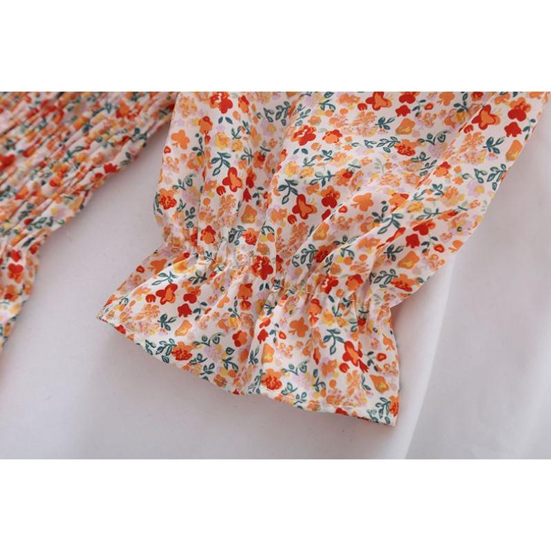 Broken Flower Sweet Puff Sleeve Women Blouse Slim Elastic Waist Square Neck Short Sleeve Top Lace Bow Decoration Fairy Casual