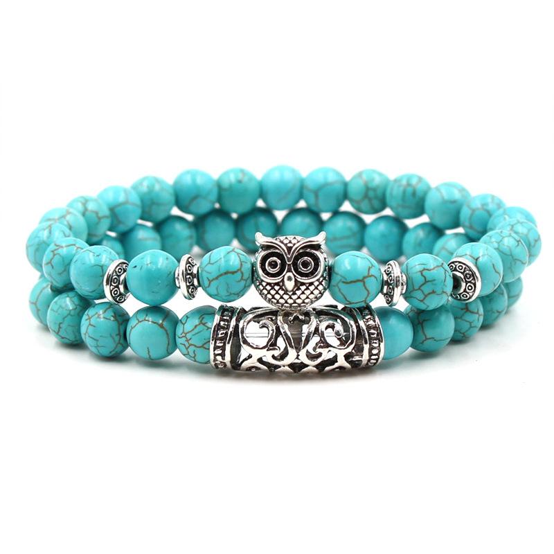2PCS/Set Copper Color Buddha Head Lava Skeleton Turquoises Natural Stone Beads For Women Men Bracelet Set Charm Bangles