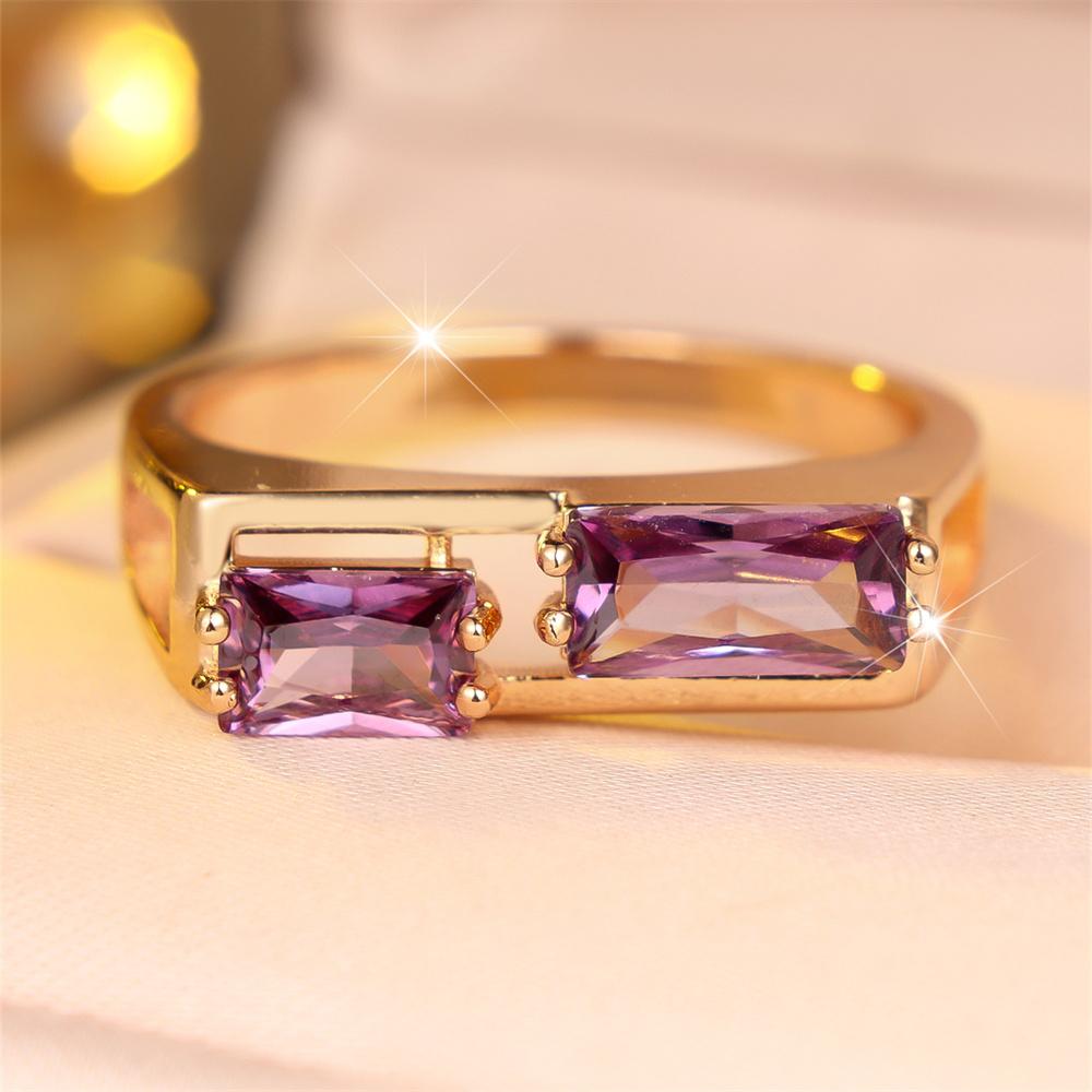 Purple Crystal Zircon Rectangle Stone Rings For Women Vintage Gold Color Engagement Bands Wedding Jewelry Accessories