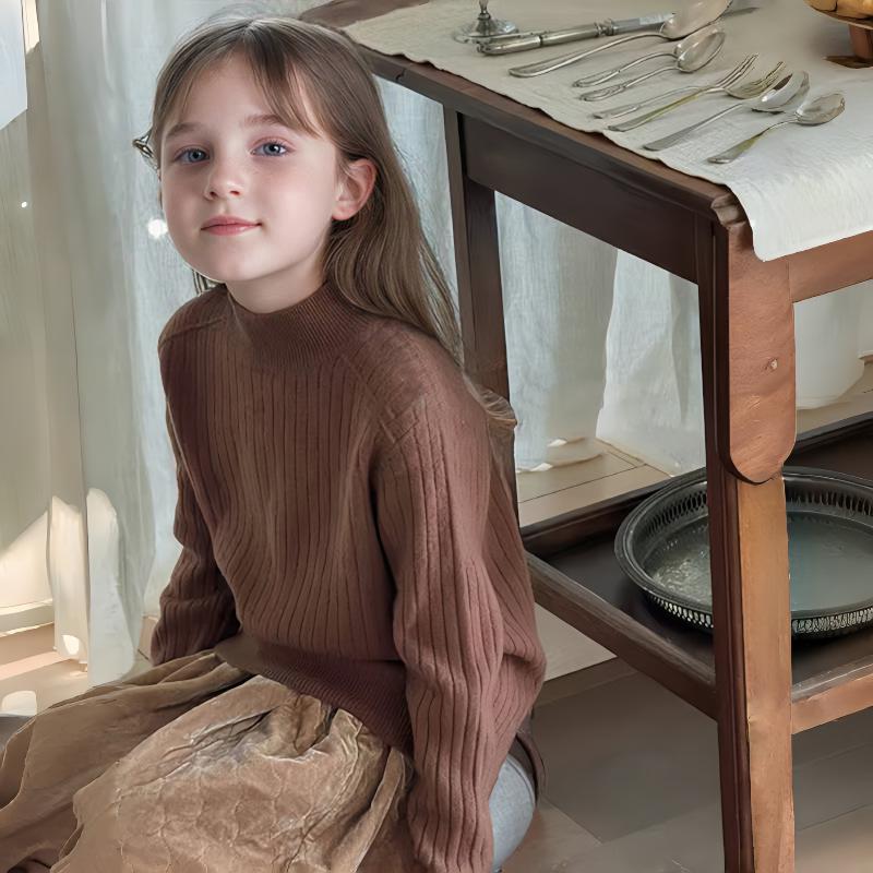 Модный детский шерстяной свитер Осень/Зима - Девочковый вязаный пуловер с полувысоким воротником 160 cm кофейный