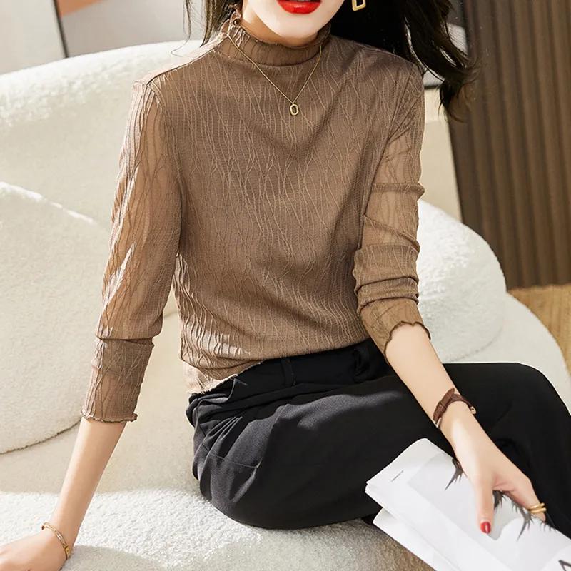 Netz-Unterhemd für Damen Frühling Herbst Neu Schlank Modisch Halbhoher Kragen Langarm-T-Shirt Dünnes Oberteil Trendig