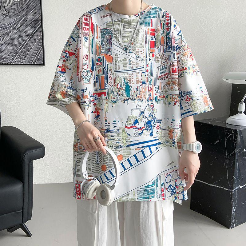 

Американские пуловеры с ручной росписью Мужская одежда Контрастные цвета Летний короткий рукав Винтажные повседневные Футболки свободного кроя с круглым вырезом L