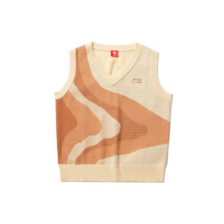 Li Ning Paris Fashion Week Color Block Loose Fit V Neck Knitted Vest Women Tops Beige AMVR002-3