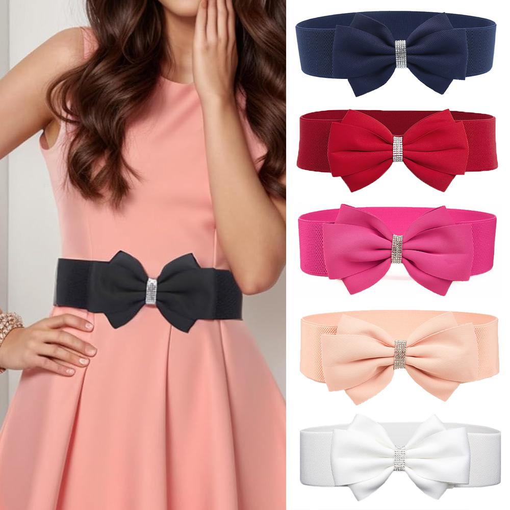 1 Solid Casual Cute Belt Shiny Rhinestone Bow Elastic with Dress Women's Belt