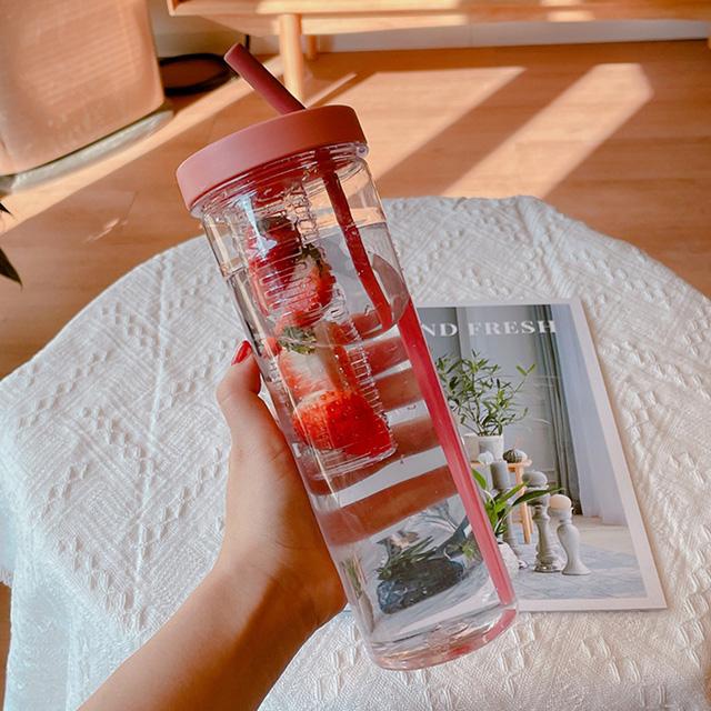 700ML Cute Clear Plastic Water Bottle For Girls With Straw Tea Strainer Stickers Summer Large Capacity Bubble Juice Drink Cup